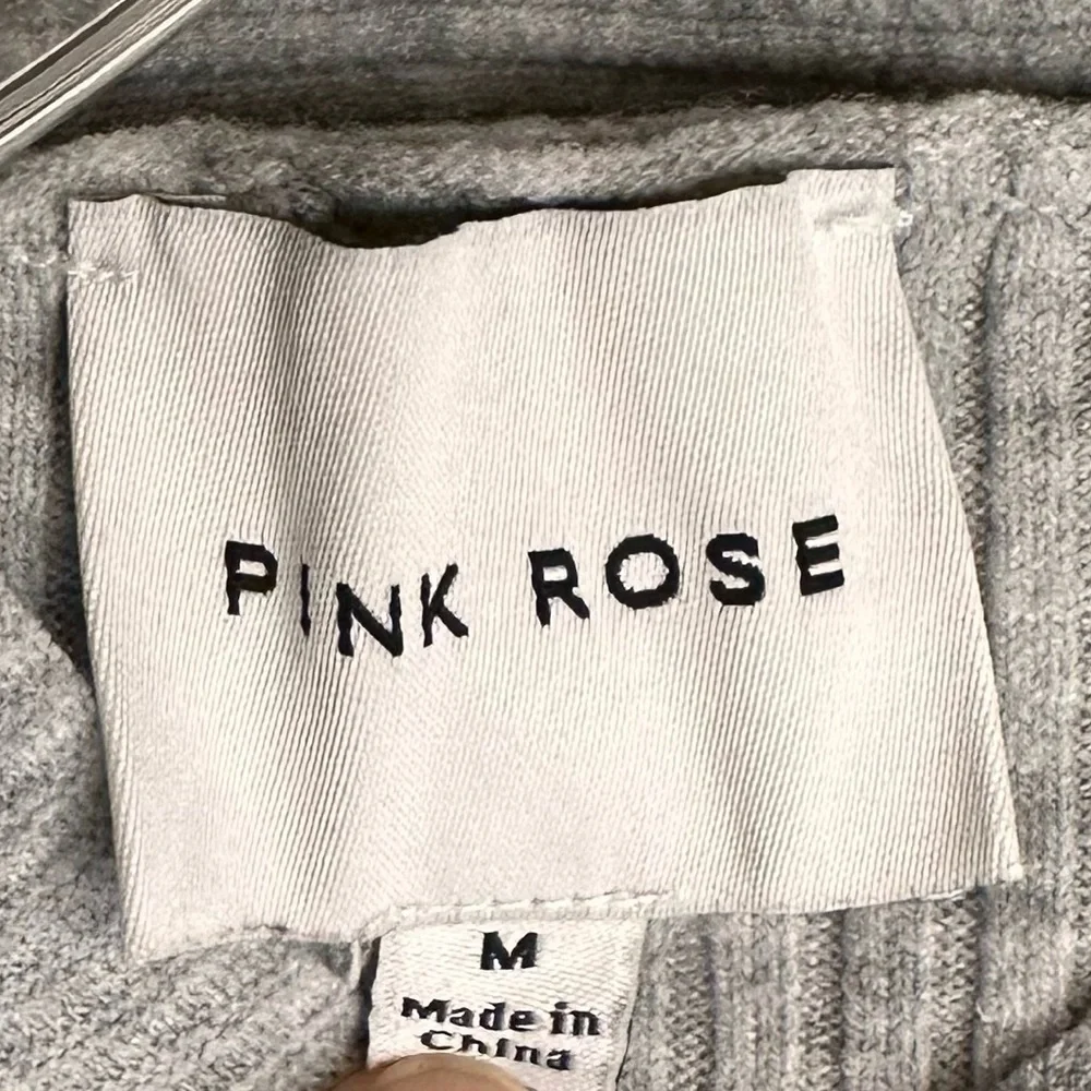 Pink Rose Women’s Cropped Ribbed Hooded Long Sleeve Sweater Size Medium Gray - Picture 4 of 6